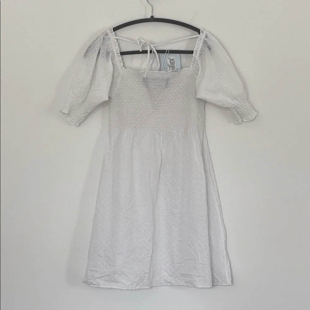 NWT Hill House Athena Nap Dress White Babydoll Swiss Dot XS Semi Sheer Smocked